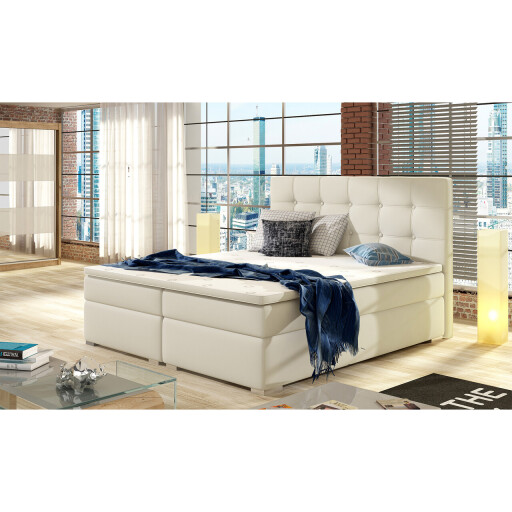 Pat boxspring tapitat, 140x200 cm, ELTAP, 06-1.4, Inez, lemn/poliester, bej deschis