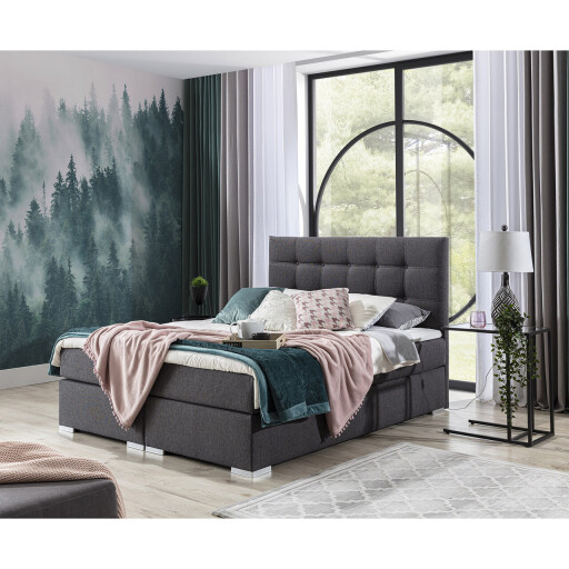 Pat boxspring tapitat, 140x200 cm, ELTAP, 09-1.4, Inez, lemn/poliester, gri inchis