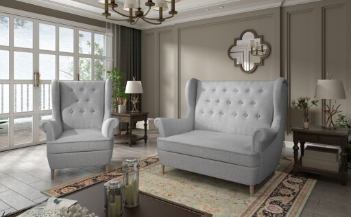 Set fotoliu si canapea ELTAP, Aros, 72x60x100 cm / 150x90x103 cm, lemn/poliester, gri deschis