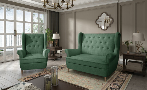 Set fotoliu si canapea ELTAP, Aros, 72x60x100 cm / 150x90x103 cm, lemn/poliester, verde