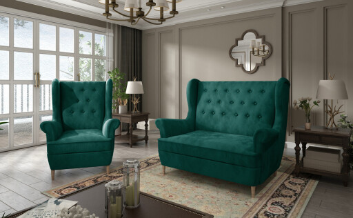Set fotoliu si canapea ELTAP, Aros, 72x60x100 cm / 150x90x103 cm, lemn/poliester, verde inchis