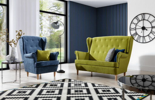 Set fotoliu si canapea ELTAP, Aros, 72x60x100 cm / 150x90x103 cm, lemn/poliester, verde/albastru