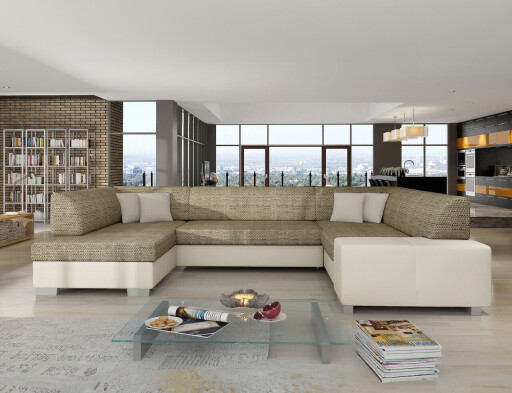 Coltar extensibil stanga 6 locuri ELTAP, Hv15, Havana, 322x204x72 cm, lemn/poliester, bej inchis/bej deschis