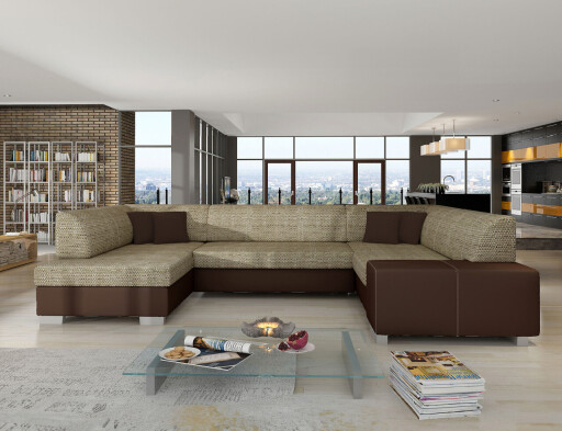 Coltar extensibil stanga 6 locuri ELTAP, Hv16, Havana, 322x204x72 cm, lemn/poliester, bej inchis/maro