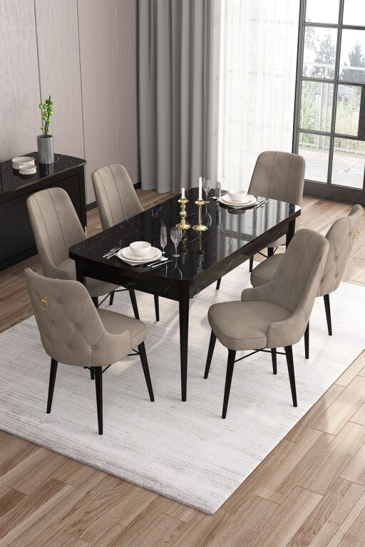 Set masa extensibila si scaune, Hanah Home, Are, Marmură neagră / Cappuccino