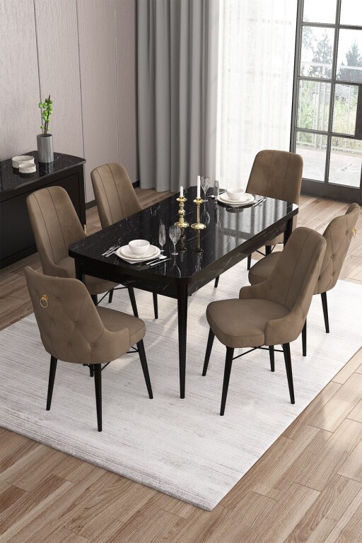 Set masa extensibila si scaune, Hanah Home, Are, Marmură neagră / Maro