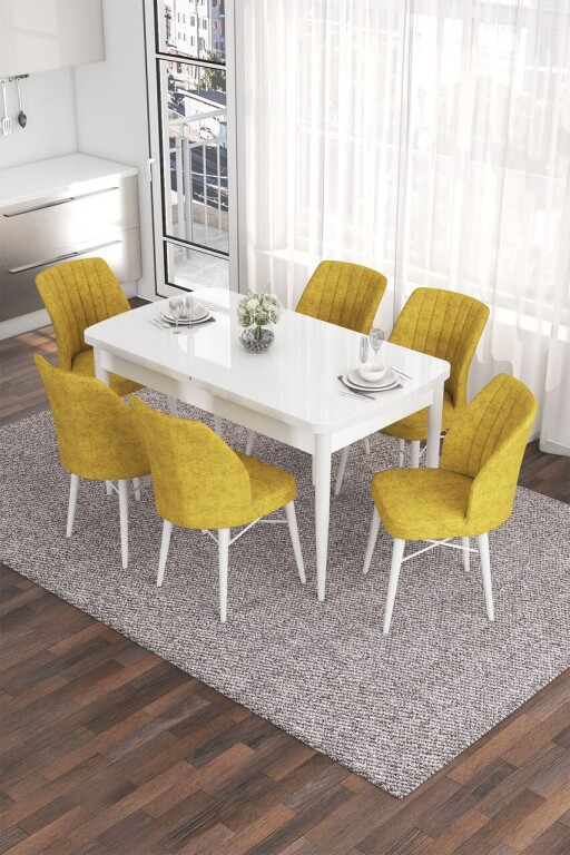 Set masa extensibila si scaune, Hanah Home, Eva, Alb/Muștar