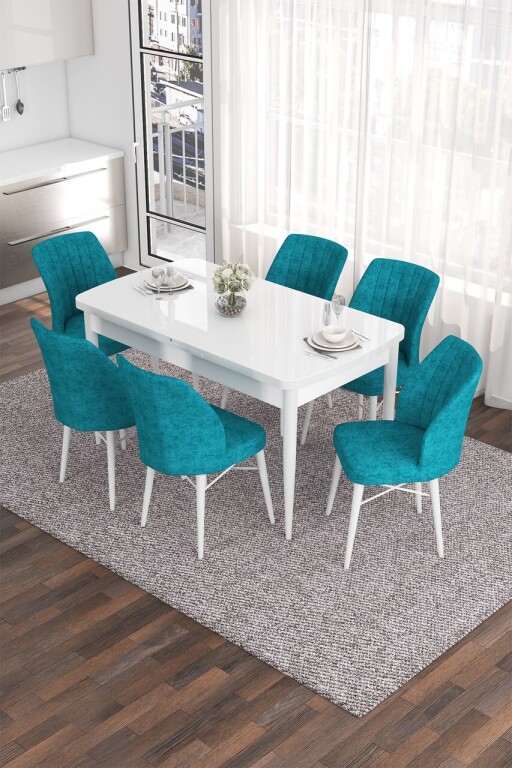 Set masa extensibila si scaune, Hanah Home, Eva, Alb / Turcoaz