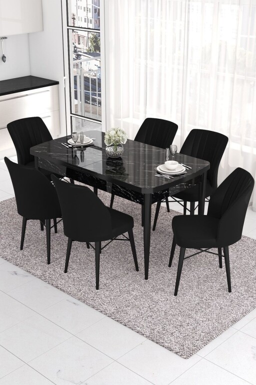 Set masa extensibila si scaune, Hanah Home, Eva, Marmură neagră / Negru