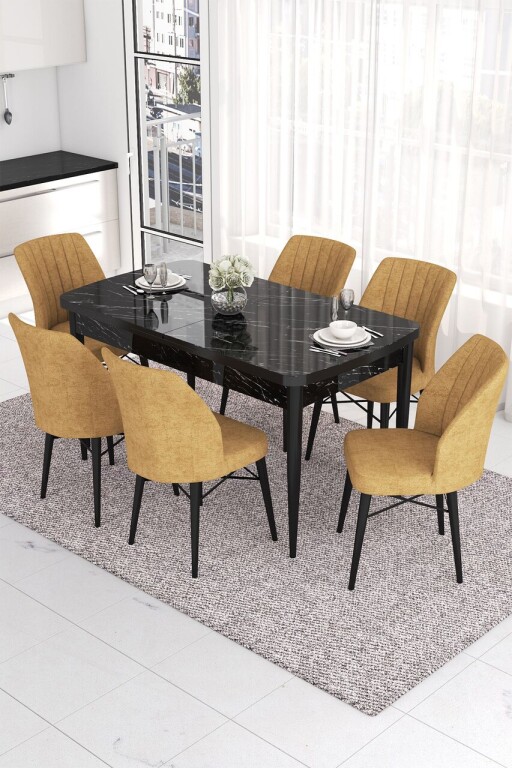 Set masa extensibila si scaune, Hanah Home, Eva, Marmură neagră / Cappuccino