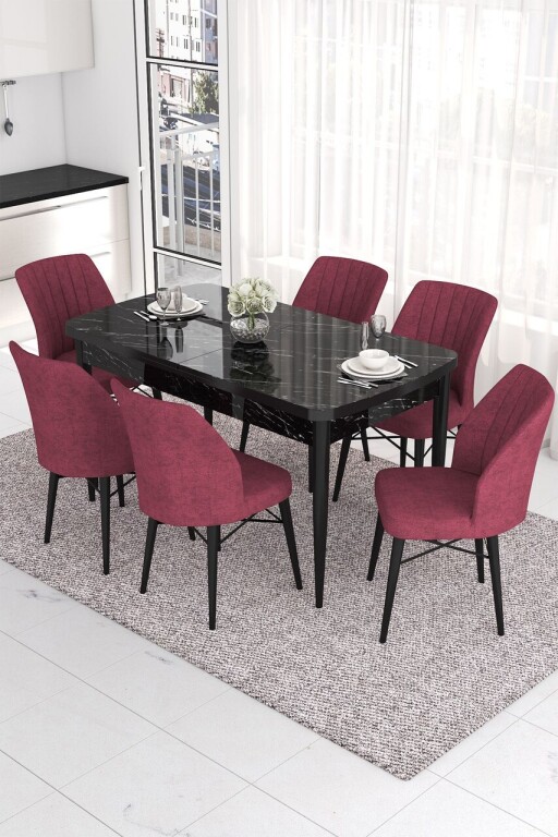 Set masa extensibila si scaune, Hanah Home, Eva, Marmură neagră / Burgundia