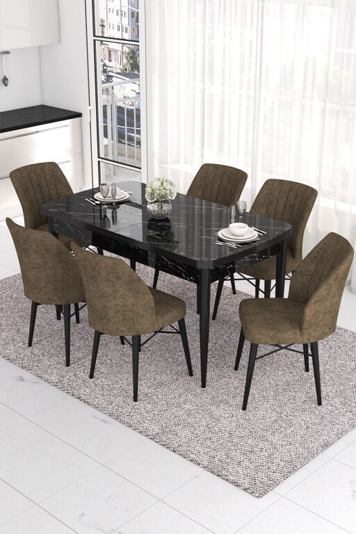 Set masa extensibila si scaune, Hanah Home, Eva, Marmură neagră / Maro