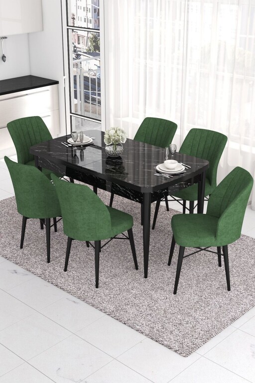 Set masa extensibila si scaune, Hanah Home, Eva, Marmură neagră / Kaki