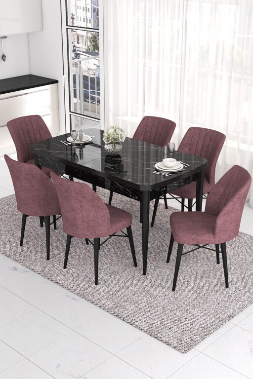 Set masa extensibila si scaune, Hanah Home, Eva, Marmură neagră / Roz prăfuit