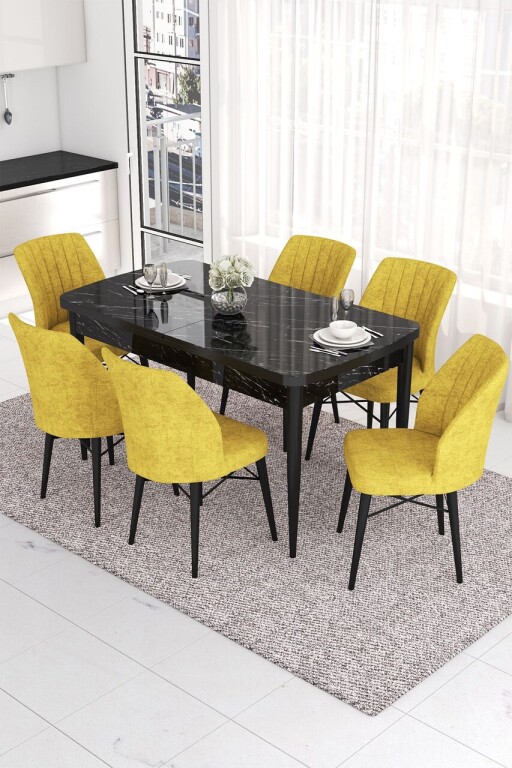 Set masa extensibila si scaune, Hanah Home, Eva, Marmură neagră / Muștar