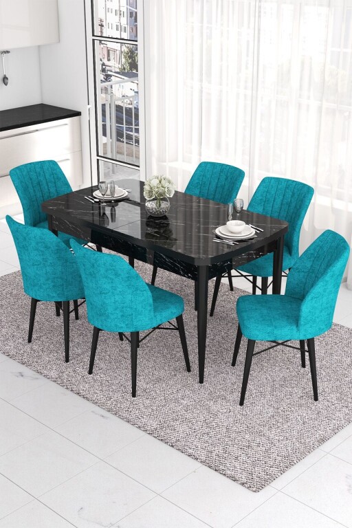 Set masa extensibila si scaune, Hanah Home, Eva, Marmură neagră / Turcoaz
