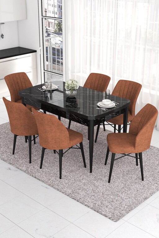 Set masa extensibila si scaune, Hanah Home, Eva, Marmură neagră / Roșu de faianță