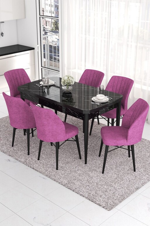Set masa extensibila si scaune, Hanah Home, Eva, Marmură neagră / Violet