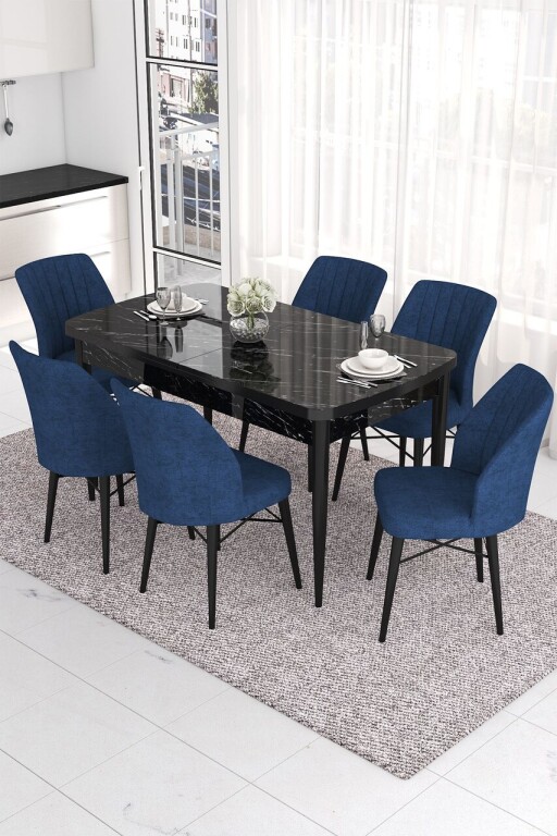 Set masa extensibila si scaune, Hanah Home, Eva, Marmură neagră / Albastru marin