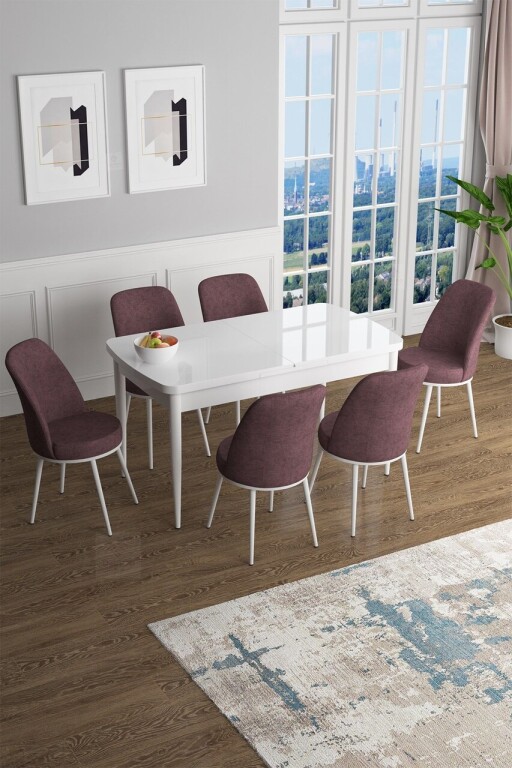 Set masa extensibila si scaune, Hanah Home, Han, Alb / Roz Păduros
