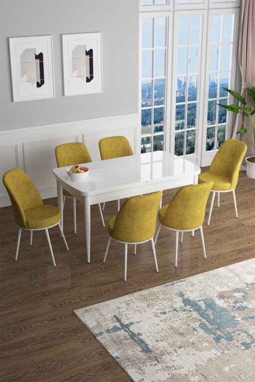 Set masa extensibila si scaune, Hanah Home, Han, Alb/Muștar