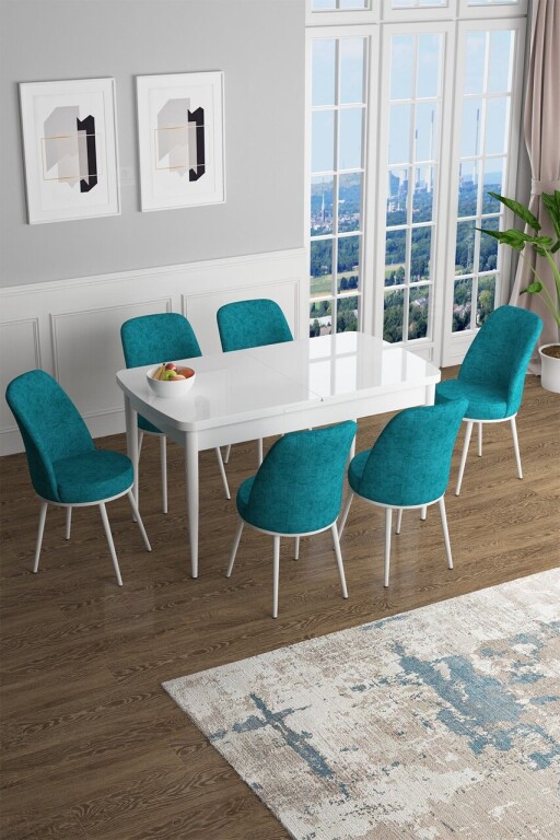 Set masa extensibila si scaune, Hanah Home, Han, Alb / Turcoaz