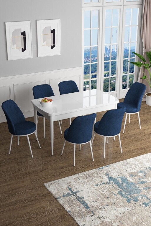 Set masa extensibila si scaune, Hanah Home, Han, Alb / Bleumarin