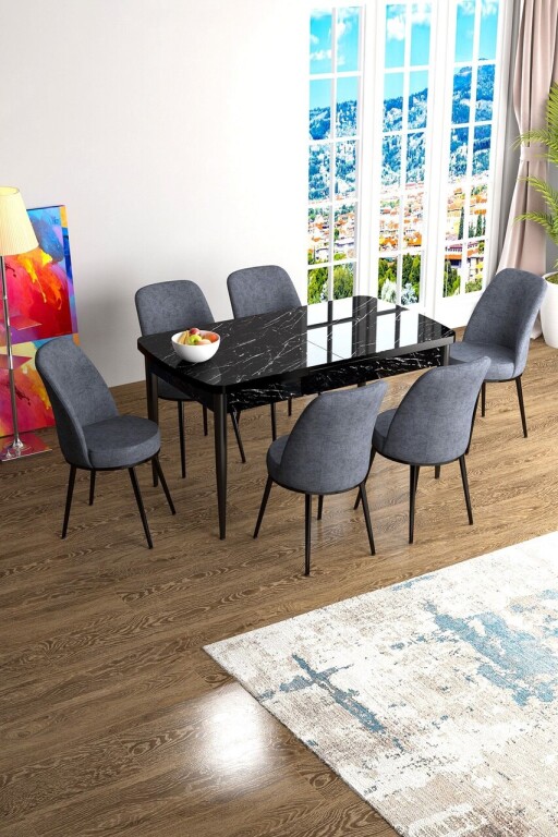 Set masa extensibila si scaune, Hanah Home, Han, Marmură neagră / Fumure