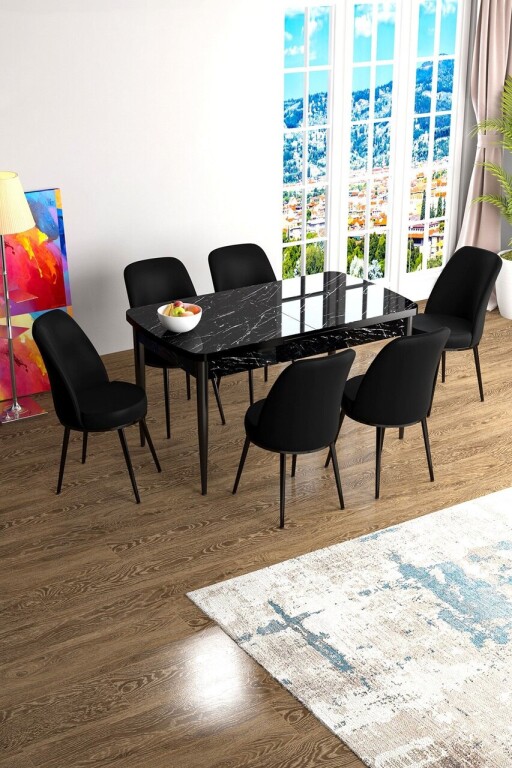 Set masa extensibila si scaune, Hanah Home, Han, Marmură neagră / Negru