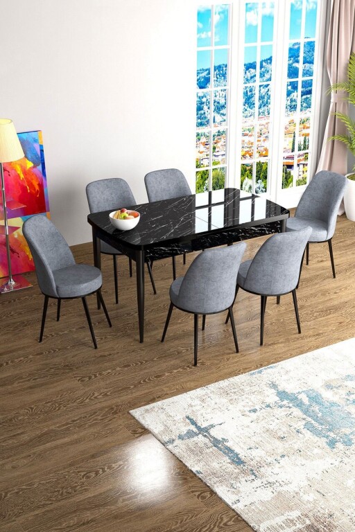 Set masa extensibila si scaune, Hanah Home, Han, Marmură neagră / Gri