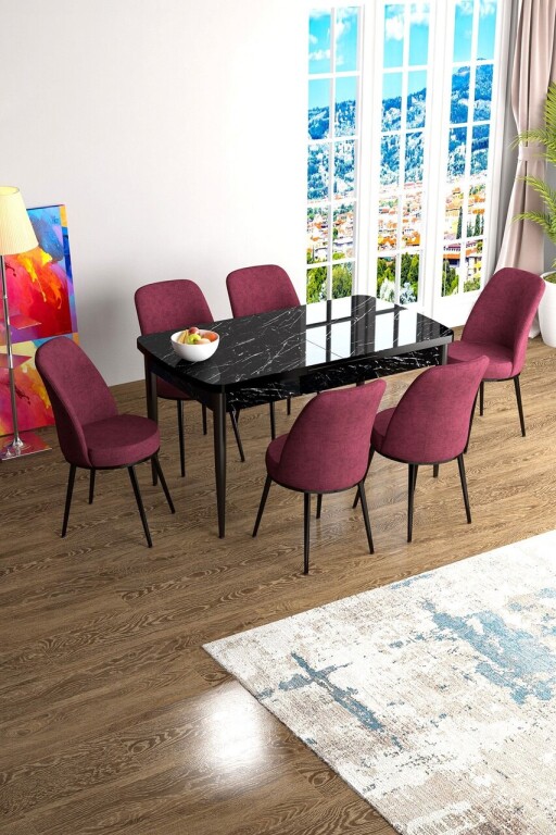 Set masa extensibila si scaune, Hanah Home, Han, Marmură neagră / Burgundia