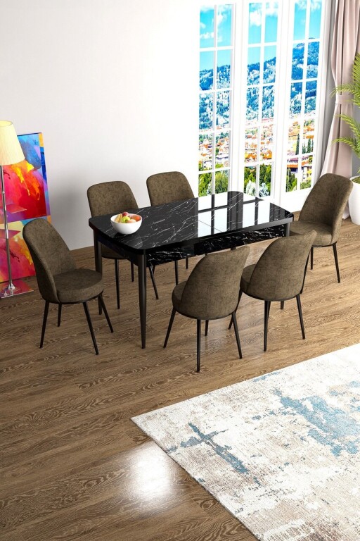 Set masa extensibila si scaune, Hanah Home, Han, Marmură neagră / Maro