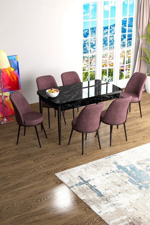 Set masa extensibila si scaune, Hanah Home, Han, Marmură neagră / Roz prăfuit