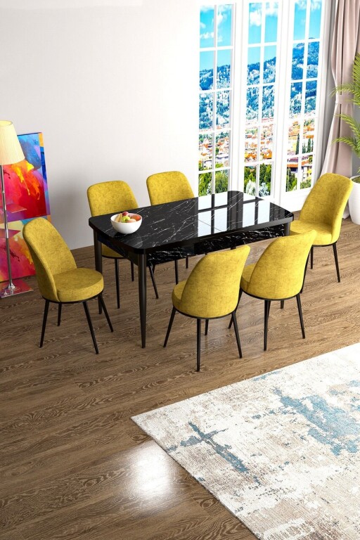 Set masa extensibila si scaune, Hanah Home, Han, Marmură neagră / Muștar