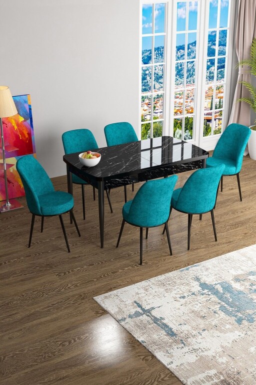 Set masa extensibila si scaune, Hanah Home, Han, Marmură neagră / Turcoaz