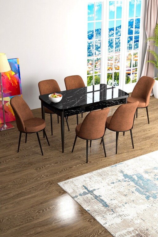 Set masa extensibila si scaune, Hanah Home, Han, Marmură neagră / Roșu de faianță