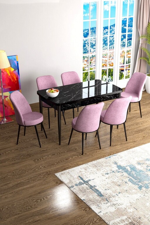 Set masa extensibila si scaune, Hanah Home, Han, Marmură neagră / Roz