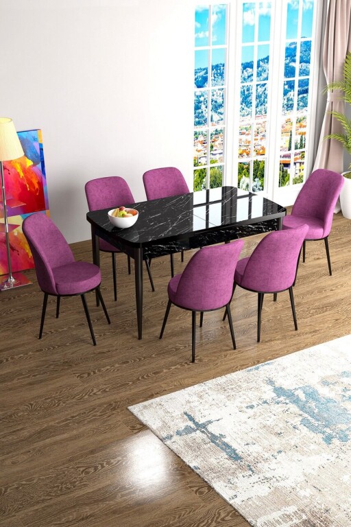 Set masa extensibila si scaune, Hanah Home, Han, Marmură neagră / Violet
