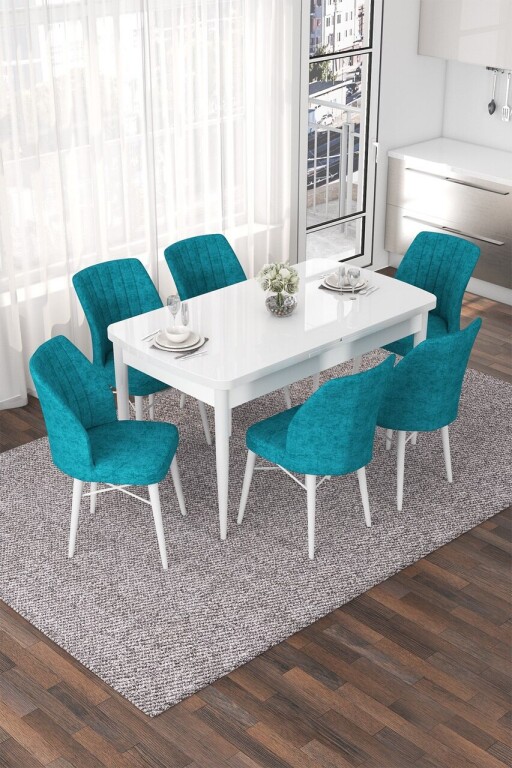 Set masa extensibila si scaune, Hanah Home, Nef, Alb / Turcoaz