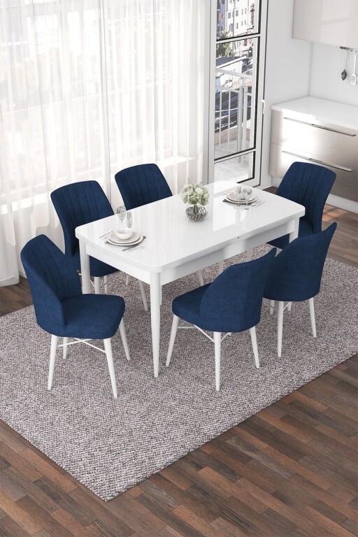 Set masa extensibila si scaune, Hanah Home, Nef, Alb / Bleumarin