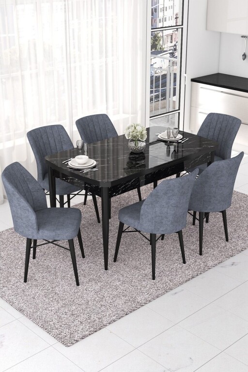 Set masa extensibila si scaune, Hanah Home, Nef, Marmură neagră / Fumure