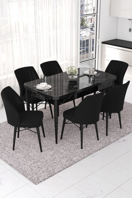 Set masa extensibila si scaune, Hanah Home, Nef, Marmură neagră / Negru