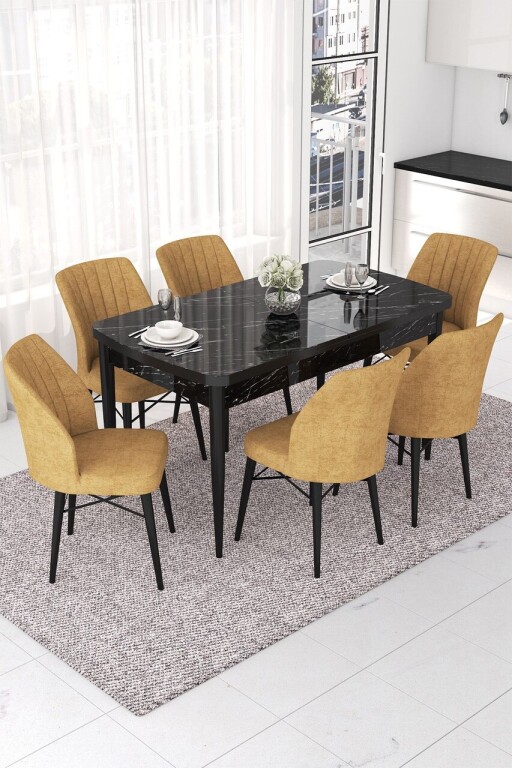 Set masa extensibila si scaune, Hanah Home, Nef, Marmură neagră / Cappuccino