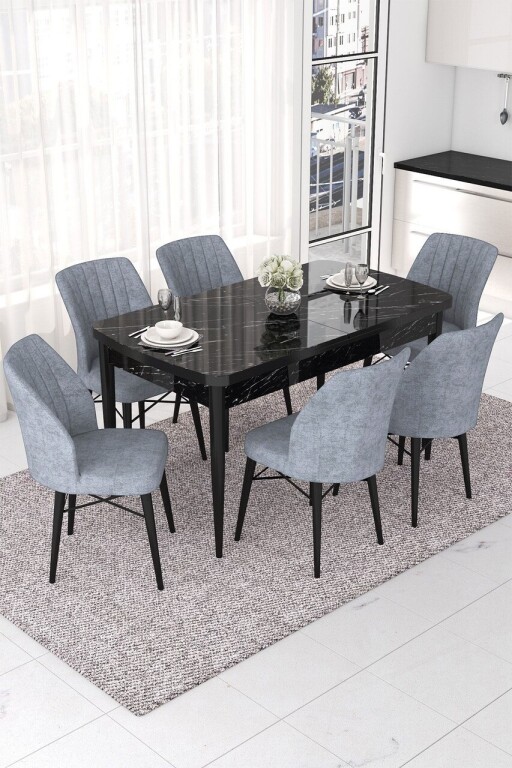 Set masa extensibila si scaune, Hanah Home, Nef, Marmură neagră / Gri