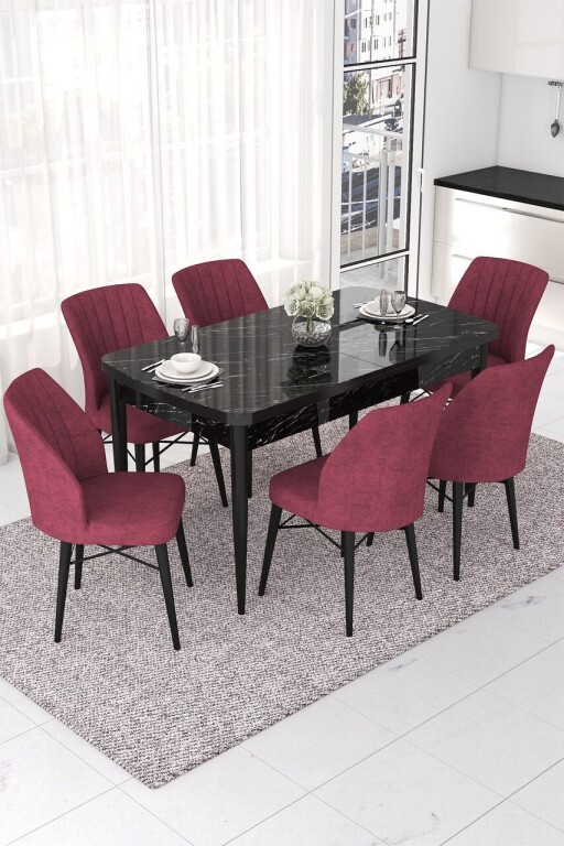 Set masa extensibila si scaune, Hanah Home, Nef, Marmură neagră / Burgundia