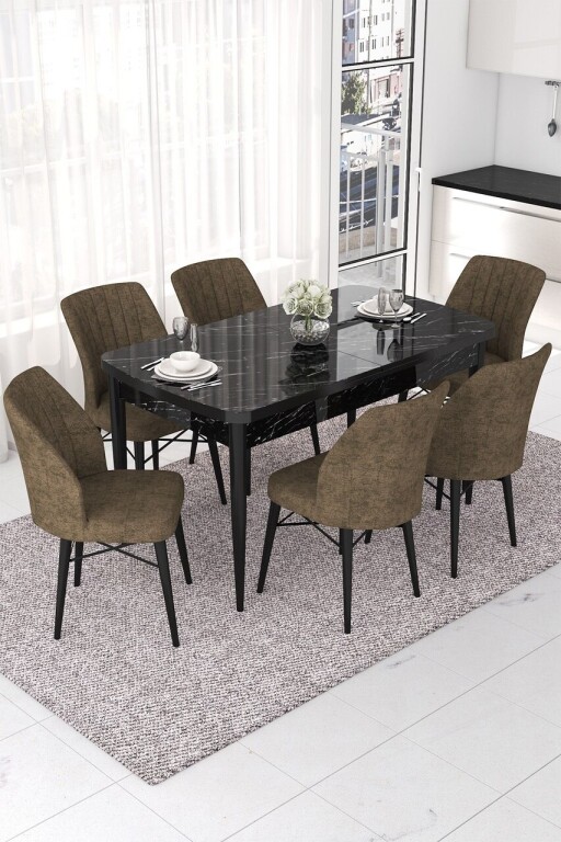 Set masa extensibila si scaune, Hanah Home, Nef, Marmură neagră / Maro