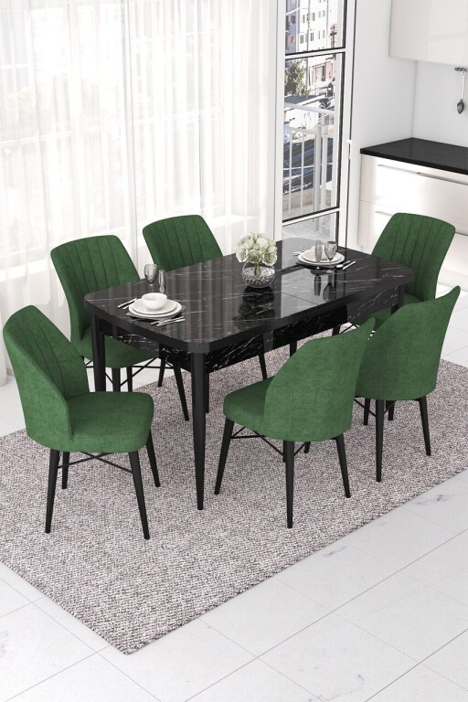 Set masa extensibila si scaune, Hanah Home, Nef, Marmură neagră / Kaki