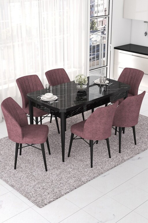 Set masa extensibila si scaune, Hanah Home, Nef, Marmură neagră / Roz prăfuit