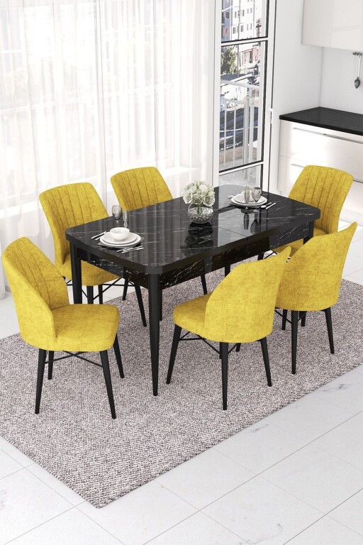 Set masa extensibila si scaune, Hanah Home, Nef, Marmură neagră / Muștar