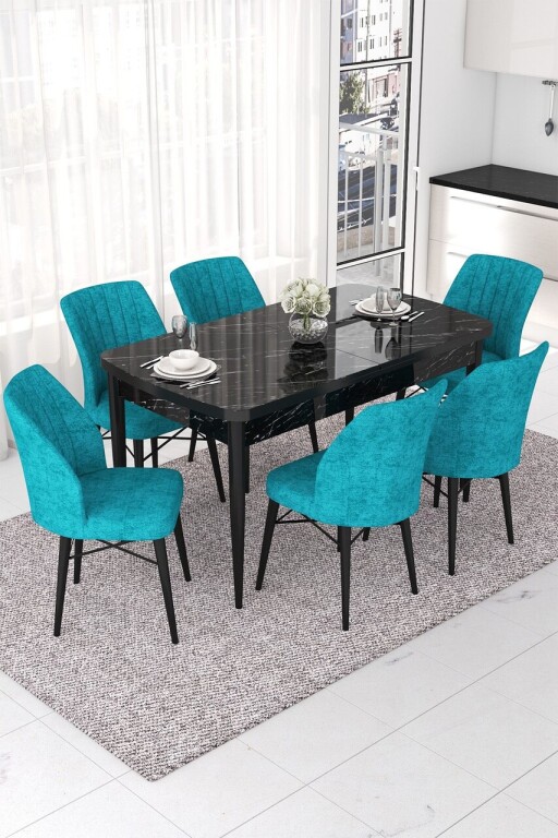 Set masa extensibila si scaune, Hanah Home, Nef, Marmură neagră / Turcoaz